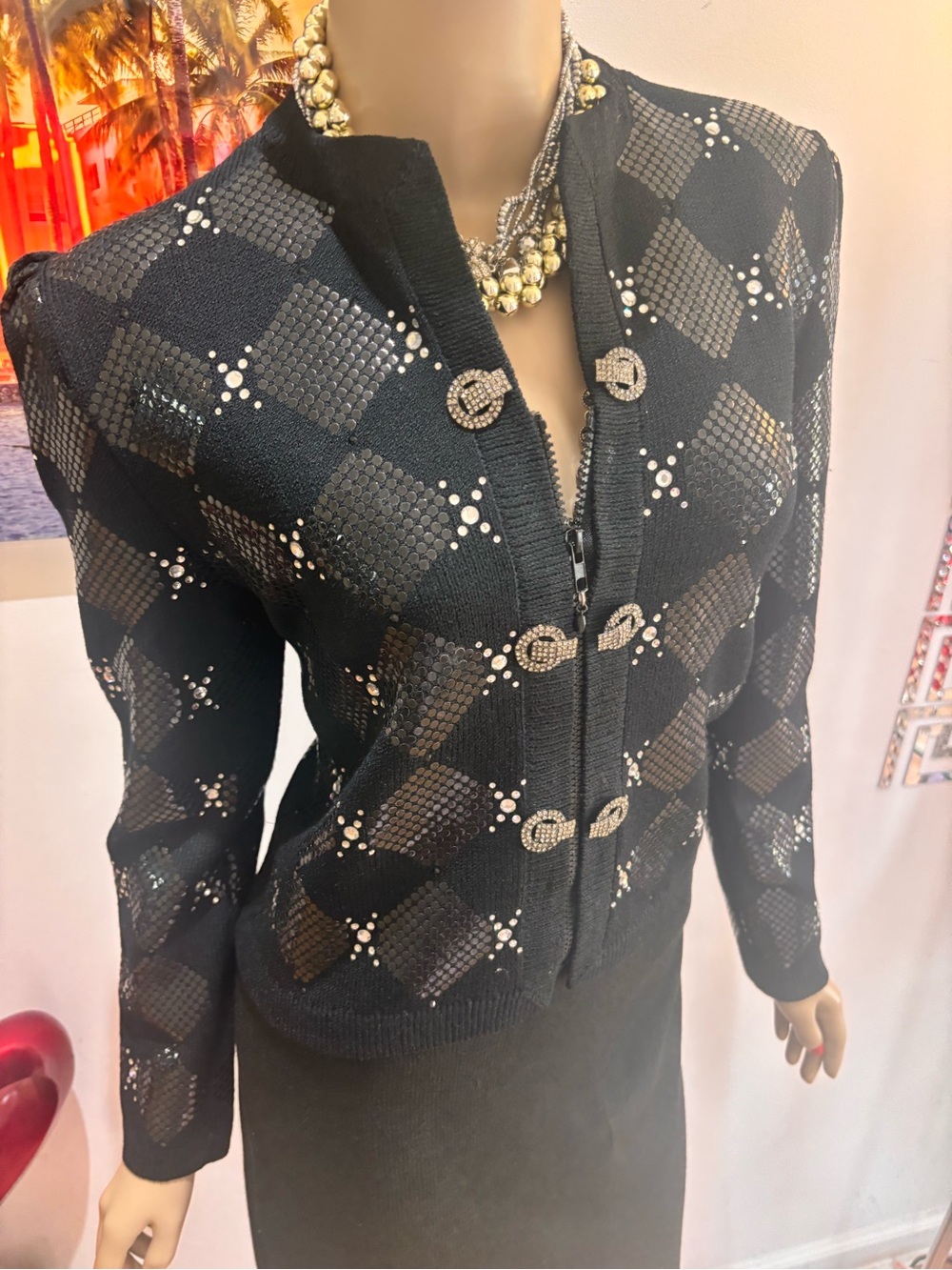 St. John Black Sequined Diamond Knit skirt suit paillettes studs 10 M crystals